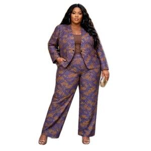 NWT ASHLEY STEWART Womens 28/30 2pc Floral Jacquard Jacket & Pant Career Church